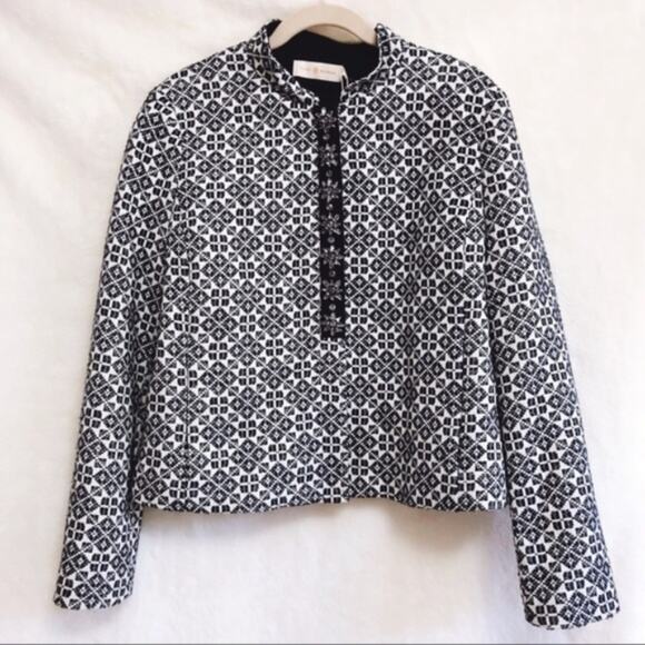 Tory Burch Navy Patterned Textured Jacket - Picture 1 of 8